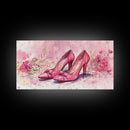 Pink Heels Painting Framed Canvas Print, Feminine Art Gift Idea, Light Pink Wall Art, Cottagecore Decor, Rustic Original Artwork