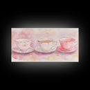 Vintage Tea Cups Artwork with Pink Wall Art Vibes on Framed Canvas Print, Cottagecore Style Kitchen or Dining Room Decor Gift