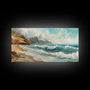 Coastal Landscape Canvas Print with Ocean Waves and Misty Cliffs, Nautical Wall Art Gift Idea, Coastal Decor Beach Painting