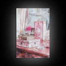 Vintage Vanity Decor Canvas Print, Pink Floral Art, Feminine Bedroom Wall Art, Cottagecore Rustic Aesthetic, Gift Idea, Light Pink Art