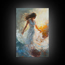 Ethereal Woman with Flowing Dress Framed Canvas Print, Dreamy Goddess Art Perfect as Above Sofa or Romantic Bedroom Wall Decor