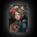 Goddess Art Framed Canvas Print Featuring Whimsical Floral Headdress and Bird Art, Boho Bedroom Art with Vibrant Chinoiserie Vibes