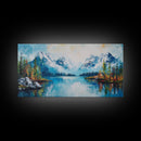 Snowy Peaks, mountain painting, framed canvas print, landscape painting, extra wide art, rustic wall art, above bed wall art