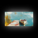 Wooden dock, rowboat, lake, marsh painting, fisherman painting, coastal decor, rustic wall art, framed canvas print, guest room art