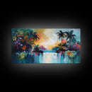 Tropical Sunset, Canvas Print, palm tree painting, coastal decor, wildflower painting, extra wide art, beach wall art