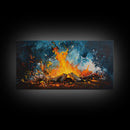 Abstract fire, moody art, geometric wall art, boho decor, flame painting, rustic wall art, extra wide art, framed canvas print, teal wall art