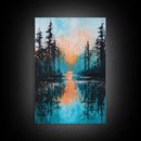 Sunset Reflection, pine tree art, landscape painting, teal wall art, Joshua tree art, framed canvas print, extra wide art