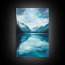 Serene Lake Reflection, lake Tahoe art, panoramic painting, above couch art, blue and green wall art, Framed Canvas Print