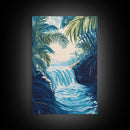 Jungle Waterfall View, tropical landscape painting, botanical prints, blue and green wall art, canvas print, extra wide art