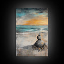 Zen Rock Stack Framed Canvas Print Coastal Wall Art, Beach Sunset Painting, Meditation Room Art, Tranquil Ocean Artwork, Boho Decor