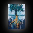 Tree With Golden Roots Canvas Print Surreal Nature Wall Art Abstract Landscape Painting Living Room Decor Earth Tones Artwork