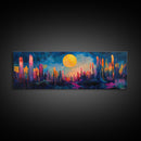 Neon Moon Fantasy Canvas Print - Vibrant Sci-Fi Cityscape Painting, Psychedelic Wall Art, Trippy Room Aesthetic, Urban Decor