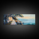 Coastal Cliff Walk Framed Canvas Print Serene Beach Pathway Painting, Sunset Seaside Art, Nature Landscape, Relaxing Home Wall Decor