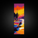 Boat Sunset, City Lights, Colorful Reflection, Waterfront View, Vibrant Colors, Modern Art, Urban Scene, Living Room, Canvas Print