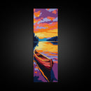 Wooden Canoe, Sunset Waters, Framed Canvas Print, Boho Wall Art, Lakehouse Decor, Vibrant Nature Painting, Living Room Artwork