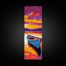 Wooden Boat, Sunset Reflection, Tranquil Lake, Water Art, Framed Canvas Print, Rustic Decor, Nautical Theme, Bedroom Wall Art