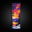 Mountain View, Winter Landscape, Snowy Forest, Sunset Glow, Nature Scene, Rustic Decor, Cozy Cabin, Living Room, Canvas Print