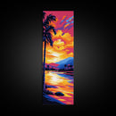 Palm Sunset, Tropical Art, Beach Scene, Vibrant Colors, Coastal Decor, Relaxing Atmosphere, Living Room, Framed Canvas Print