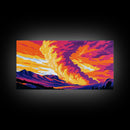 Mountain Fire Sky, Framed Canvas Print, Dramatic Sunset Art, Vibrant Landscape Painting, Colorful Nature Scene, Office Wall Decor