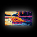 Autumn Leaf, Lake Reflection Art, Framed Canvas Print, Fall Season Decor, Vibrant Nature, Boho Aesthetic, Cozy Home Wall Art