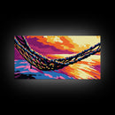 Hammock by Water, Sunset Serenity, Framed Canvas Print, Relaxing Boho Art, Coastal Home Decor, Tranquil Wall Scene, Warm Colors