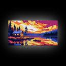 Cabin Lake, Sunset Reflection, Framed Canvas Print, Cozy Cottage Wall Art, Nature Landscape Painting, Fall Vibes, Living Room Art