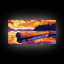 Floating Log, Sunset Water, Framed Canvas Print, Tranquil Lake Scene, Rustic Wilderness Art, Cabin Wall Decor, Home Artwork, Bedroom Art