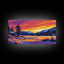 Snowy Sunset, Cabin Art, Winter Landscape, Cozy Lodge Decor, Scenic Mountain View, Rustic Living Room, Framed Canvas Print