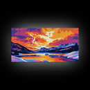 Frozen River, Mountain Sunset, Winter Landscape, Nature Wall Art, Cozy Home Aesthetic, Seasonal Framed Canvas Print