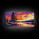 Lone Pine, Sunset Lake, Peaceful Nature Scene, Modern Home Decor, Framed Canvas Print, Living Room Wall Art, Wilderness Artwork