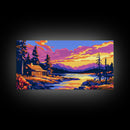 Log Cabin, River Sunset, Cozy Home Decor, Vibrant Nature Art, Framed Canvas Print, Rustic Wall Artwork, Mountain Scene