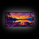 Campfire, Lake Sunset, Cozy Cabin Art, Vibrant Nature Scene, Framed Canvas Print, Outdoor Adventure Art, Rustic Home Decor