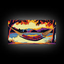 Hammock View, Relaxing Lake, Golden Sunset, Vibrant Home Decor, Framed Canvas Print, Boho Wall Art, Tranquil Nature Scene