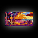Beach Café, Vibrant Coastal Scene, Warm Color Wall Art, Sunset Patio Print, Boho Home Decor, Framed Canvas Print, Dining Room Wall Art