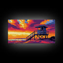 Lifeguard Tower, Beach Sunset, Coastal Landscape, Ocean Home Decor, Framed Canvas Print, Modern Wall Art, Vibrant Seaside Scene