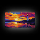 Seaside Lighthouse, Golden Sunset, Ocean Wall Art, Nautical Decor, Framed Canvas Print, Coastal Living Room Artwork, Vibrant Landscape