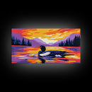 Loon on Lake, Nature Wildlife Art, Tranquil Sunset Scene, Serene Wall Decor, Framed Canvas Print, Cozy Cabin Artwork, Outdoor Theme