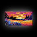 Meadow Sunset, Vibrant Landscape, Nature Wall Art, Rustic Farmhouse Decor, Framed Canvas Print, Warm Home Artwork, Countryside Scene