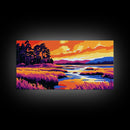 Marshland Sunset, Tranquil Water Scene, Vibrant Nature Art, Rustic Landscape Decor, Framed Canvas Print, Cabin Wall Artwork, Serene Style