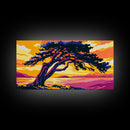 Windswept Tree, Sunset Lake, Coastal Tranquility, Framed Canvas Print, Modern Nature Wall Art, Earthy Boho Decor, Vibrant Landscape