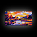 Autumn River, Vibrant Fall Landscape, Warm Color Nature Art, Bold Scenic Print, Framed Canvas Print, Living Room Wall Art
