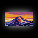 Snowy Peaks, Sunset Glow, Alpine Scene, Wilderness Art, Framed Canvas Print, Cozy Winter Home Decor, Rustic Lodge Wall Art