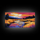 Flowing Stream, Sunset Glow, Nature Wall Art, Vibrant Scenery, Framed Canvas Print, Outdoor Enthusiast Gift, Relaxing Home Decor