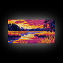 Marshland Sunset, Vibrant Fall Scene, Bold Landscape Print, Warm Color Nature Art, Rustic Cabin Decor, Canvas Print, Office Accent