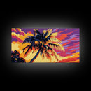 Palm Tree, Tropical Sunset, Island Vibes, Framed Canvas Print, Coastal Wall Art, Beach House Decor, Summer Aesthetic, Vibrant Painting