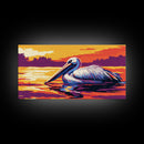 Pelican, Water Reflection, Framed Canvas Print, Coastal Wildlife Wall Art, Beach House Decor, Vibrant Animal Painting, Nature Art