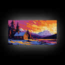Mountain Cabin, Snowy Retreat, Cozy Lodge, Vibrant Sunset, Nature Art, Rustic Home Aesthetic, Living Room or Bedroom, Canvas Print