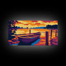 Wooden Boat, Serene Water Landscape, Calm Lake Scene, Vibrant Sunset Art, Framed Canvas Print, Living Room Wall Decor, Rustic Home Style