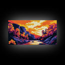 Autumn Stream, Colorful Landscape, Sunset Sky, Warm Tones, Nature Wall Art, Cozy Cabin Decor, Fall Season, Framed Canvas Print