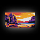 Rocky Shore, Ocean Sunset, Coastal View, Vibrant Painting, Bold Colors, Seascape Art, Beach House, Framed Canvas Print